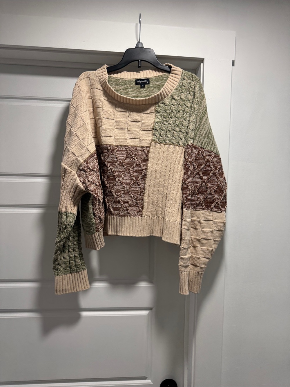 a new day Colorblock Patchwork Crewneck Sweater - Beige, Olive & Brown